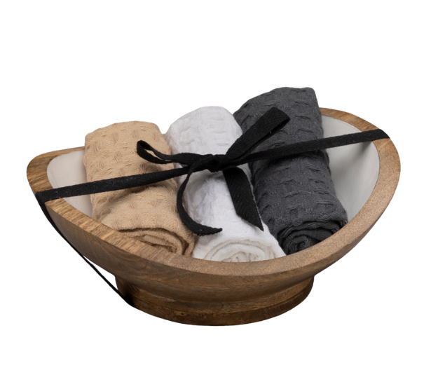 Mango Wood Serving Bowl with 3 Waffle Towels - DJW Custom Baskets & Beyond
