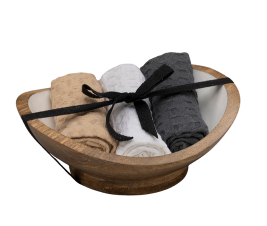 Mango Wood Serving Bowl with 3 Waffle Towels - DJW Custom Baskets & Beyond