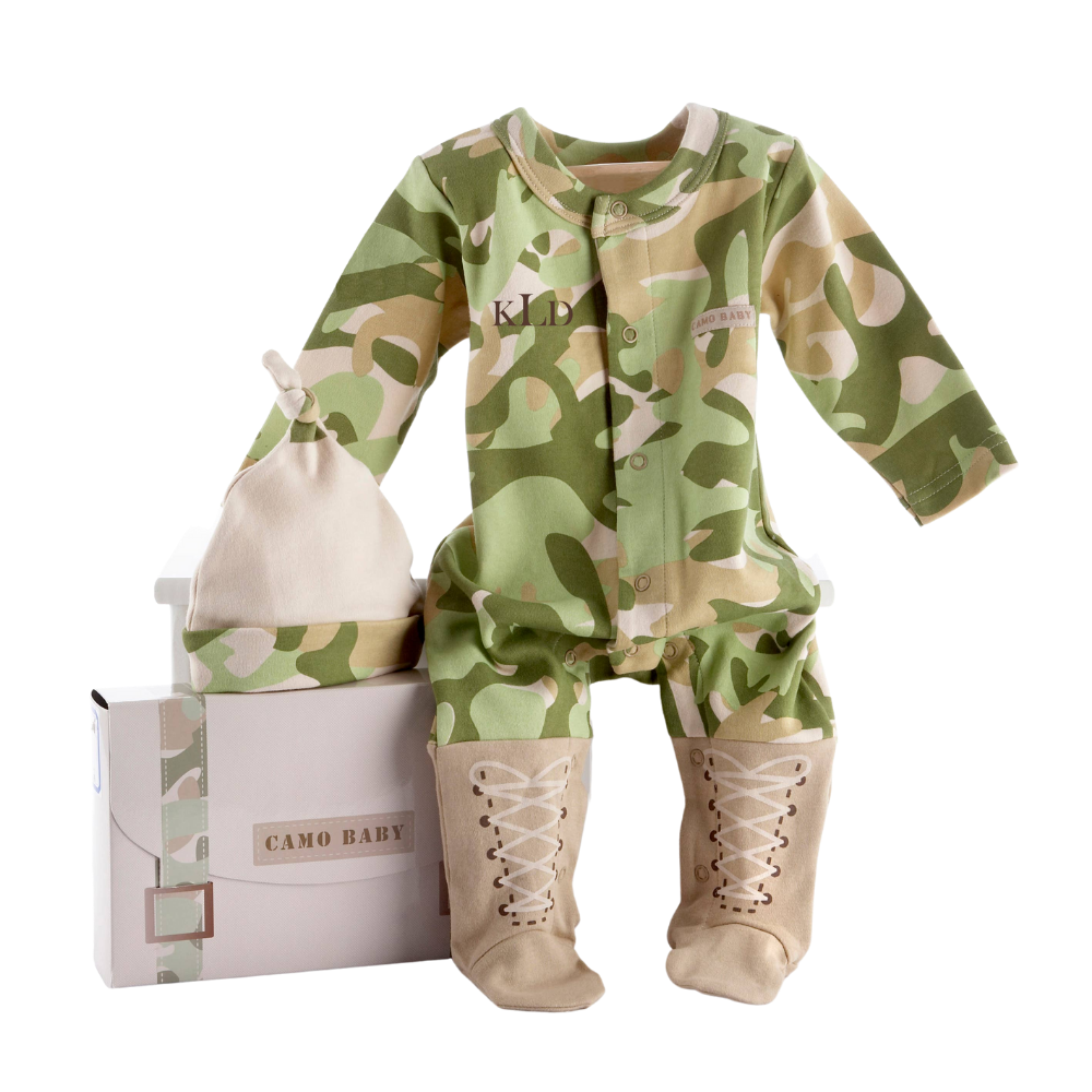 "Big Dreamzzz" Baby Camo Two-Piece Layette Set in "Backpack" - DJW Custom Baskets & Beyond
