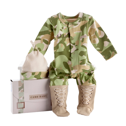 "Big Dreamzzz" Baby Camo Two-Piece Layette Set in "Backpack" - DJW Custom Baskets & Beyond