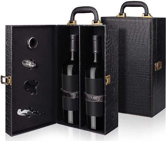 Leather Wine Carrier & Accessories with 2 Bottles of Wine - DJW Custom Baskets & Beyond