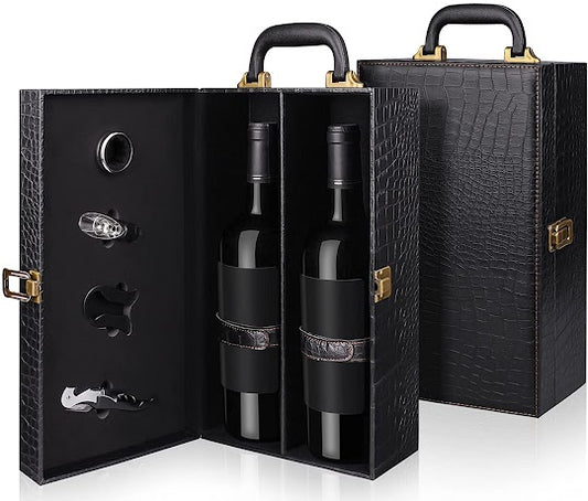 Leather Wine Carrier & Accessories with 2 Bottles of Wine - DJW Custom Baskets & Beyond