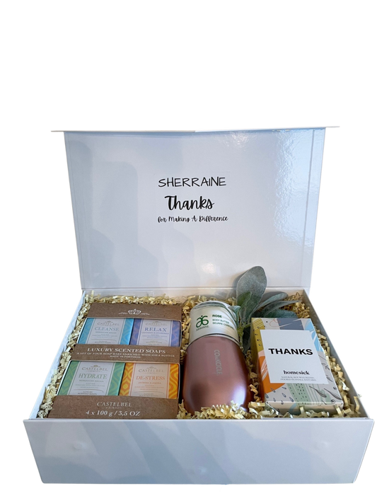 Scented Soaps and Candle Personalized Gift Box - DJW Custom Baskets & Beyond