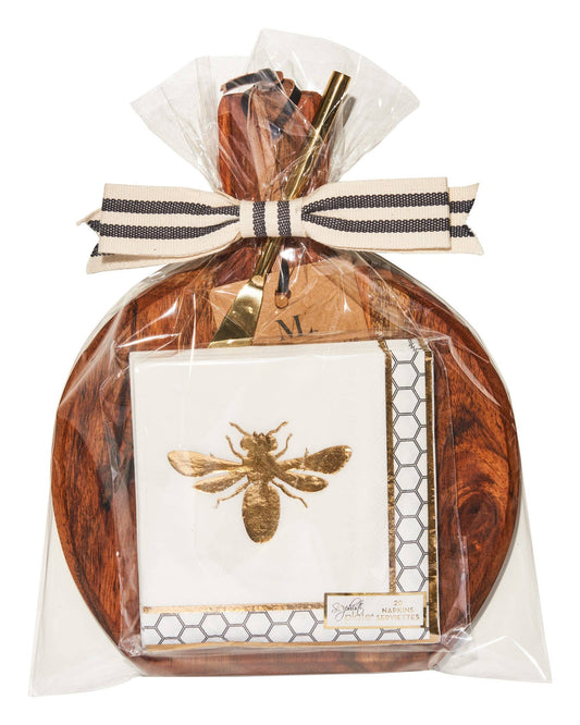 Bevel Board Kit - 9.75 x 8" Acacia Medium w/ Gold Spreader, Honeybee Napkin, and Ribbon - DJW Custom Baskets & Beyond