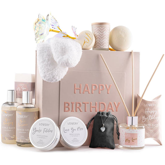 Birthday Gift Basket - Bath & Spa Gift Set with CZ Necklace - DJW Custom Baskets & Beyond