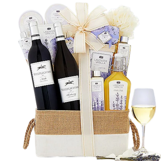 Steeplechase Vineyards Spa Luxuries: Lavender Vanilla Spa & Wine Gift Basket - DJW Custom Baskets & Beyond