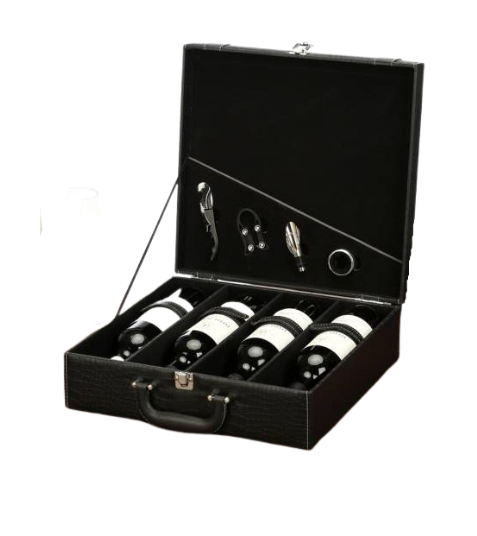 Leather Wine Carrier & Accessories with 4 Bottles of Wine - DJW Custom Baskets & Beyond