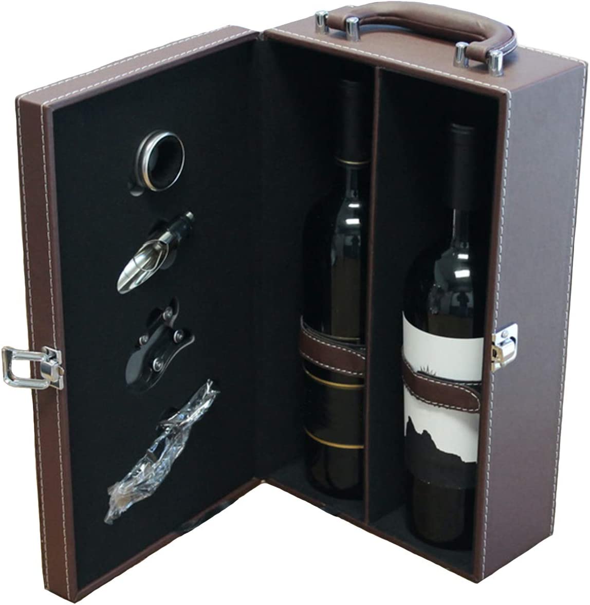 Leather Wine Carrier & Accessories with 2 Bottles of Wine (Brown) - DJW Custom Baskets & Beyond