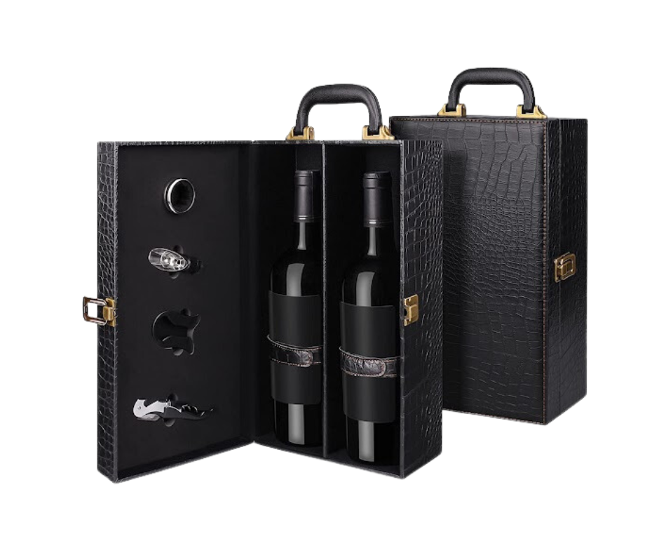 Leather Wine Carrier & Accessories with 2 Bottles of Wine - DJW Custom Baskets & Beyond