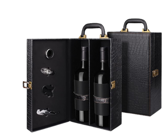 Leather Wine Carrier & Accessories with 2 Bottles of Wine - DJW Custom Baskets & Beyond
