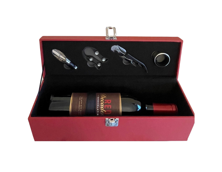 Red Leather Wine Carrier with Chocolate Wine - DJW Custom Baskets & Beyond